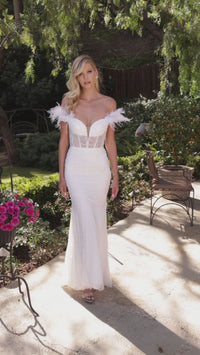 Long White Formal Gown with Feathers J824W