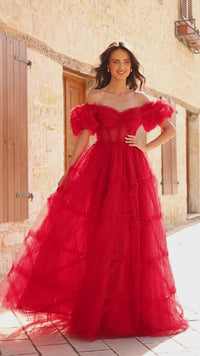 Amarra Puff-Sleeve Long Ruffled Prom Dress 94002