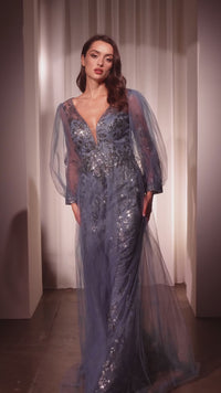 Sheer-Sleeve Long Prom Dress: Nox Anabel CD0102