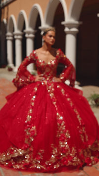 Amarra 54263 Red Quinceañera Dress with Bell Sleeves