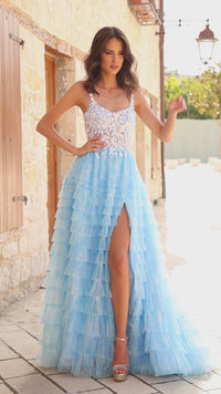 Amarra Deep V-Back Long Ruffled Prom Dress 88833