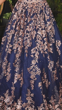 Gold-Sequin Navy Blue Long Prom Gown CM323