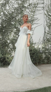 Strapless Puff-Sleeve Long Prom Ball Gown A1046