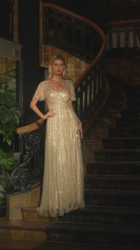 Flutter-Sleeve Long Prom Dress: Ladivine CD0241