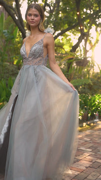 Sheer-Waist Smoky Blue Long Prom Ball Gown A1144