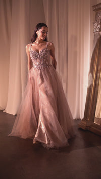 Glitter-Tulle Long Prom Dress: Ladivine CD0234