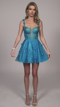 Dave & Johnny Blue Glitter Homecoming Dress 11987