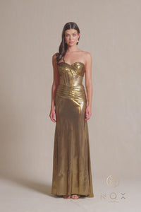 Pleated Metallic Long Prom Dress: Nox Anabel T1499