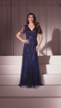 Flutter-Sleeve Long Prom Dress: Ladivine CD0241