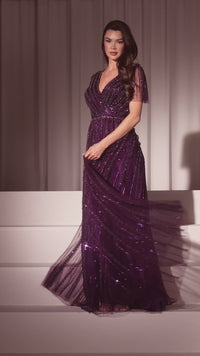 Flutter-Sleeve Long Prom Dress: Ladivine CD0241