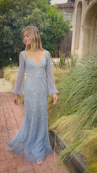 Long Sleeve Long Blue Beaded Evening Gown A1173