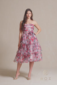 Strapless Floral-Print Midi Homecoming Dress Q842