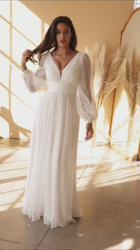 Long White Chiffon Formal Dress with Long Sleeves