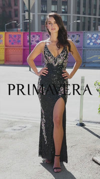 V-Neck Sequin Long Prom Gown with Lace-Up Back