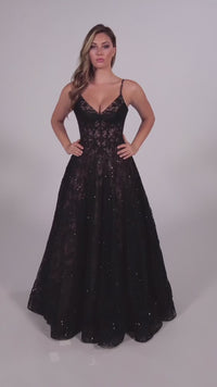 Colette Beaded-Lace Long Black Ball Gown CL5131