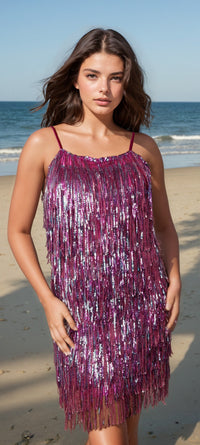 Fringed Short Fuchsia Party Dress J345034