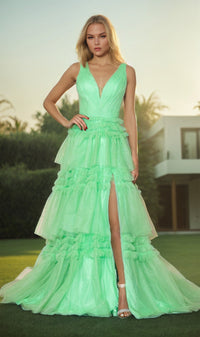 Ruffled Long V-Neck Prom Ball Gown: Poly USA 9406