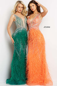 Jovani Sheer-Bodice Long Prom Dress with Feathers