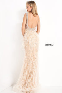 Jovani Sheer-Bodice Long Prom Dress with Feathers