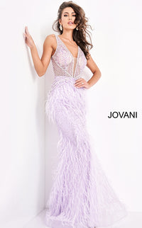 Jovani Sheer-Bodice Long Prom Dress with Feathers