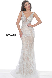 Jovani Sheer-Bodice Long Prom Dress with Feathers