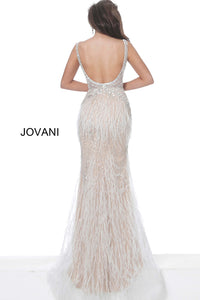 Jovani Sheer-Bodice Long Prom Dress with Feathers