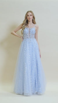 Periwinkle Illusion-Bodice Long Prom Dress