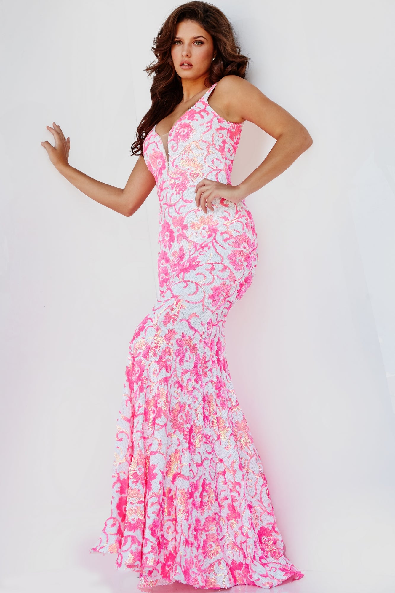 Jovani 08257 Sequin Prom Dress with Floral Print