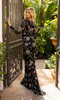 Beaded Floral Long-Sleeve Long Formal Dress 12007