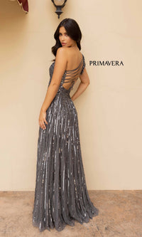 Strappy-Back One-Shoulder Long Sequin Formal Dress