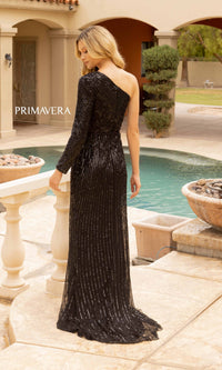 Long Sequin Prom Dress with One Long Sleeve