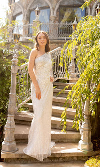 Long Sequin Prom Dress with One Long Sleeve