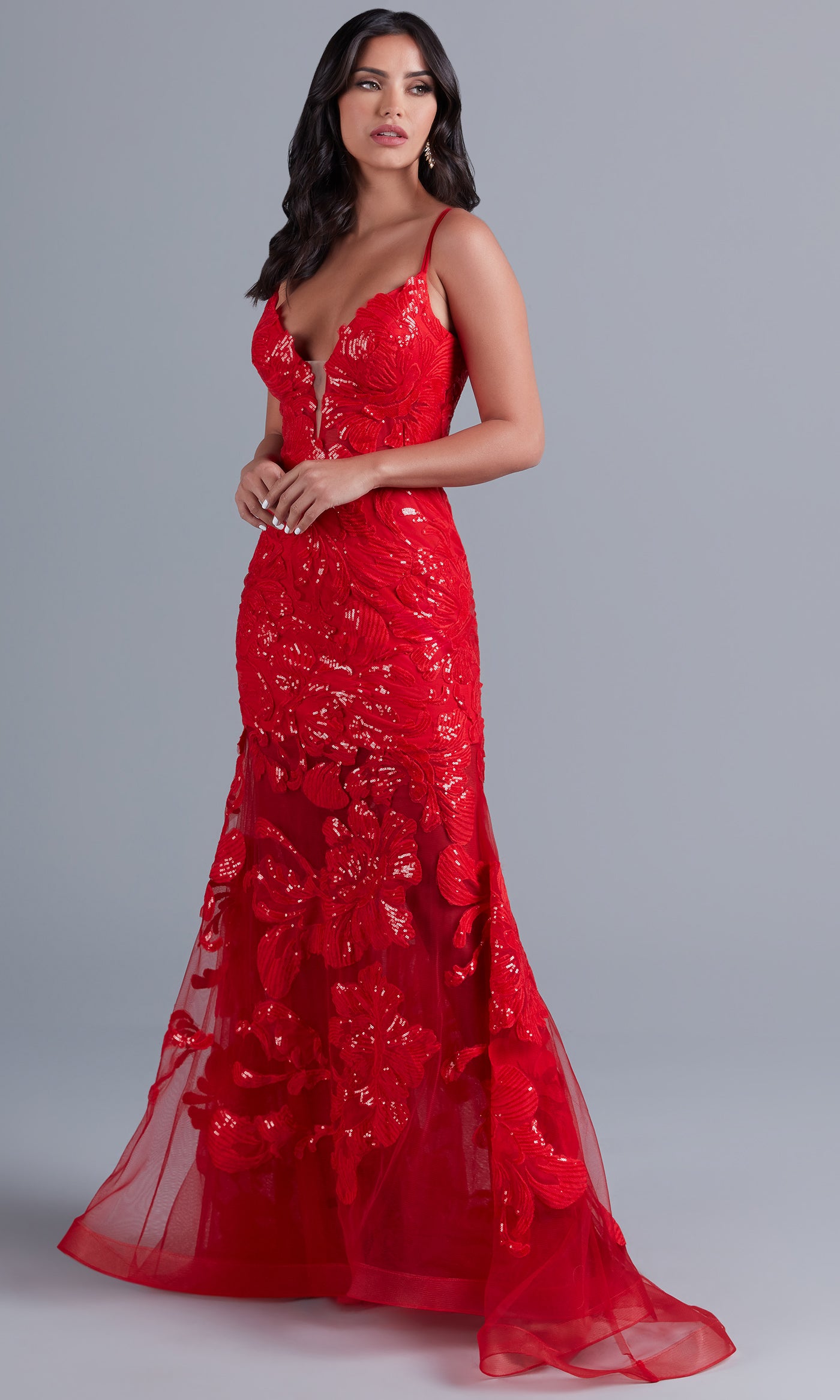 Long Red Lace Mermaid Prom Dress - PromGirl