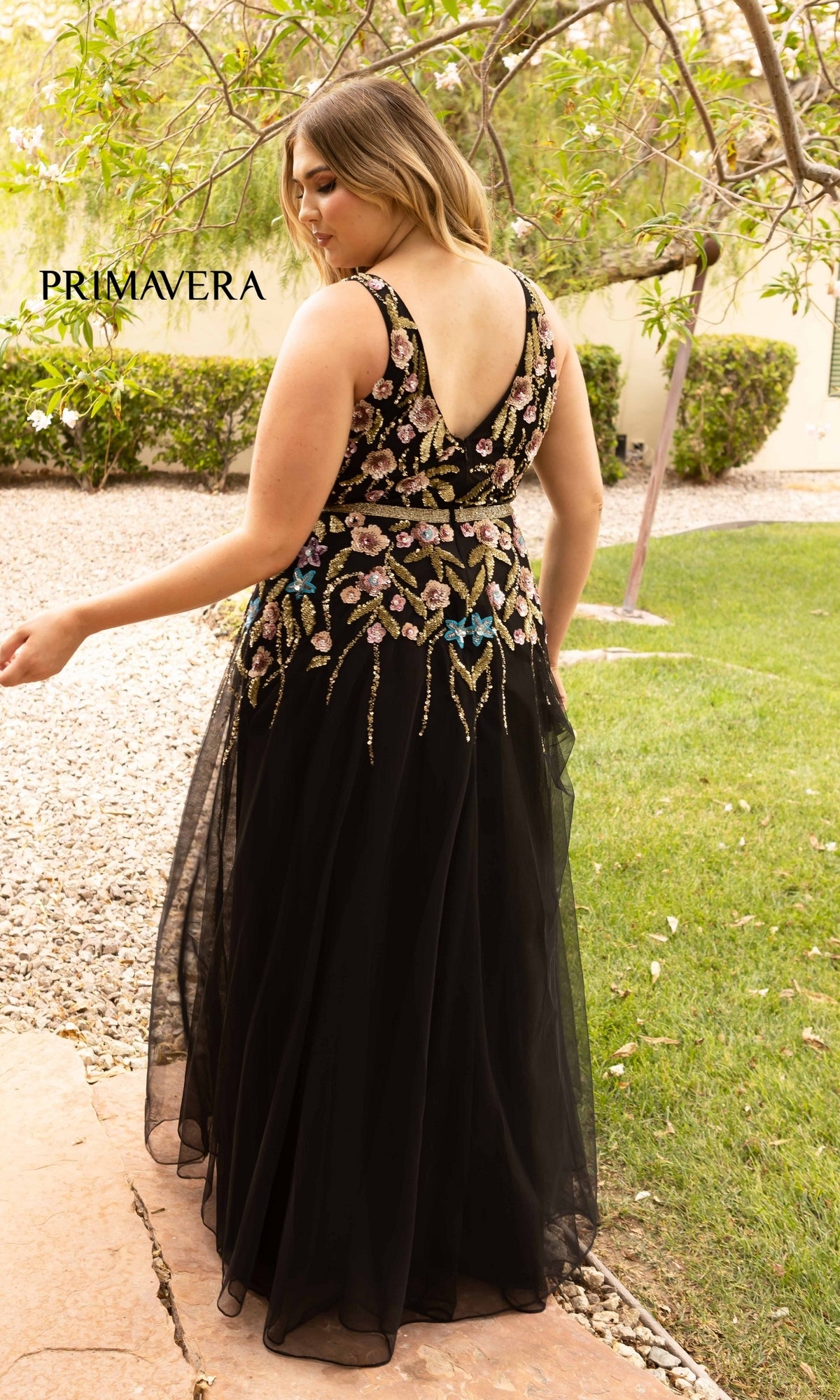 Floral-Beaded Long Black Plus-Size Prom Dress