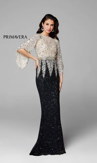 Bell-Sleeve Long Beaded Evening Gown 1424