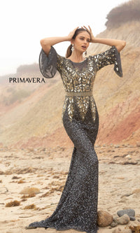 Bell-Sleeve Long Beaded Evening Gown 1424