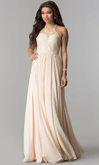 High-Neck Lace-Bodice Long Chiffon Prom Dress