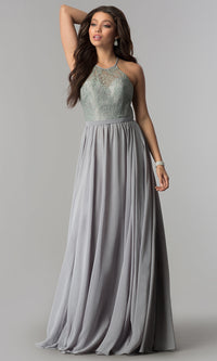 High-Neck Lace-Bodice Long Chiffon Prom Dress