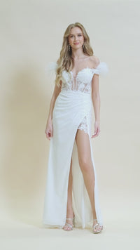 White Prom Dress with Off-Shoulder Feather Straps