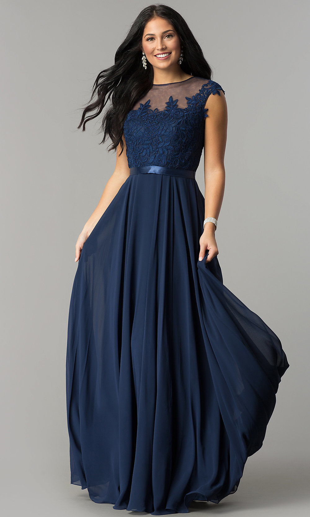 Long Embroidered-Bodice Cap-Sleeve Chiffon Prom Dress