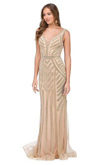 Bead-Striped Long Formal Dress