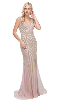 Bead-Striped Long Formal Dress