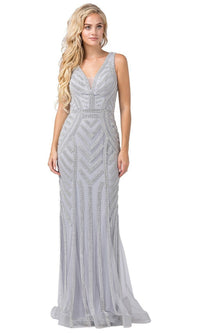 Bead-Striped Long Formal Dress