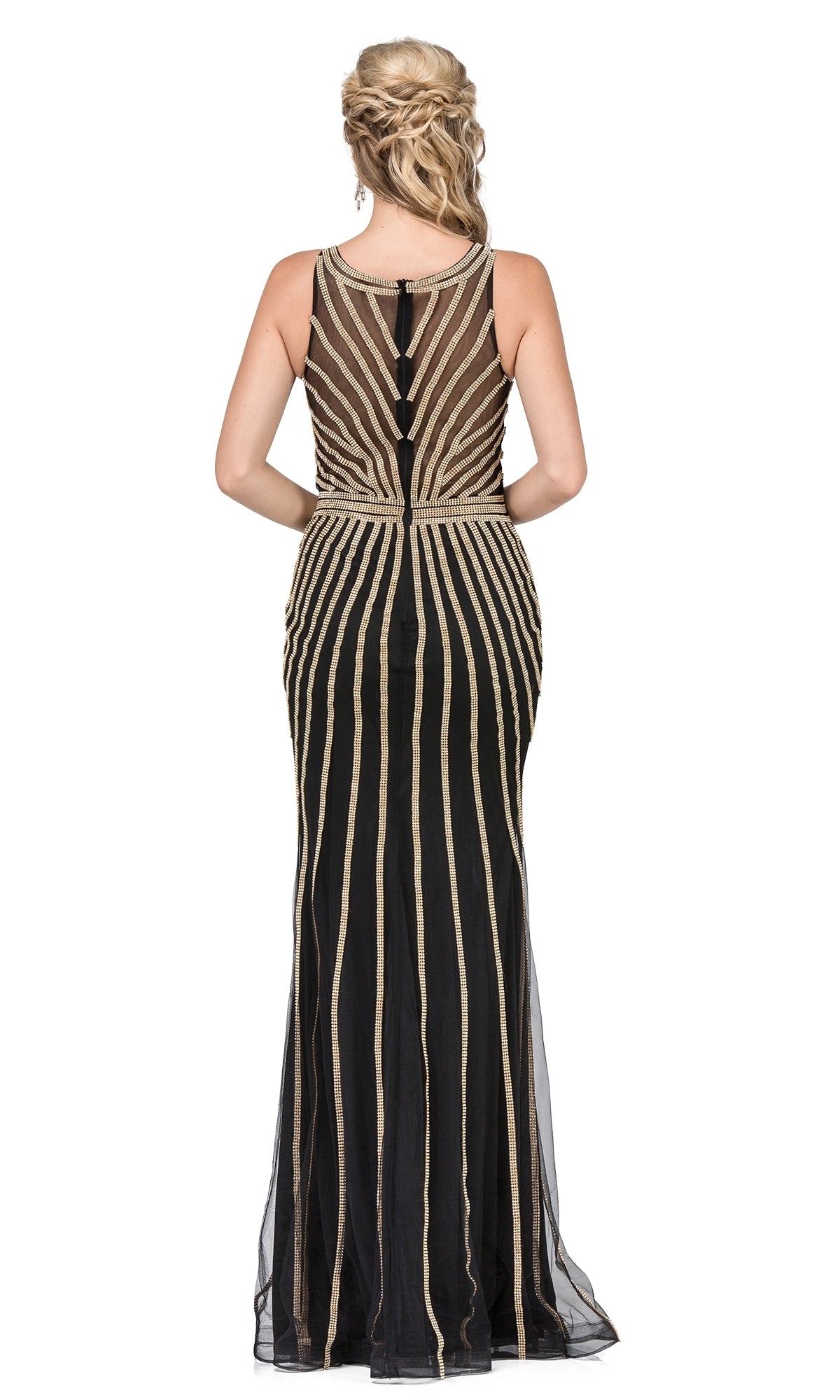 Sheer-Back Long Prom Dress with Beaded Stripes