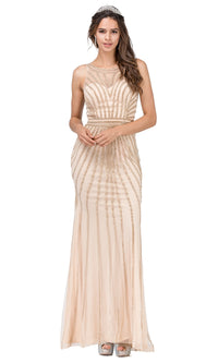 Sheer-Back Long Prom Dress with Beaded Stripes