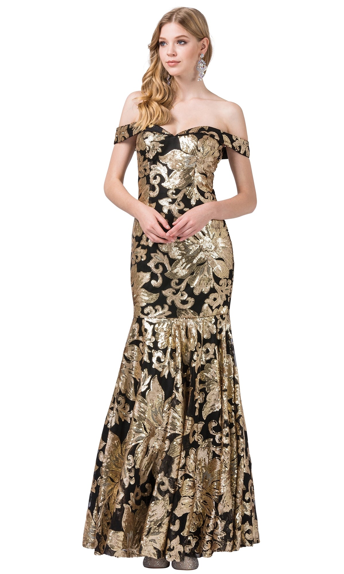 Sequin-Print Off-the-Shoulder Long Formal Gown