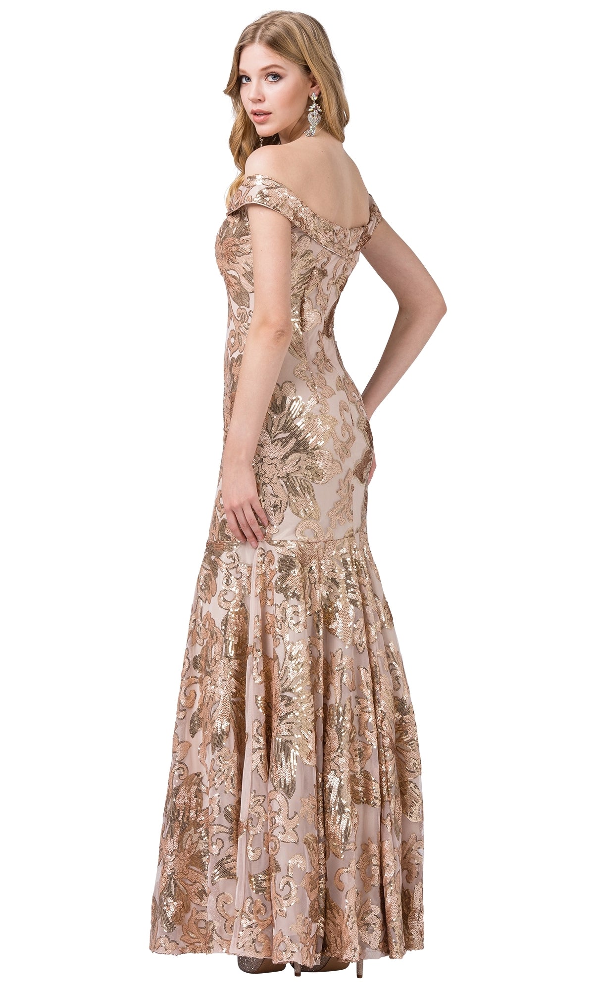 Sequin-Print Off-the-Shoulder Long Formal Gown