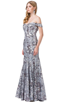 Sequin-Print Off-the-Shoulder Long Formal Gown