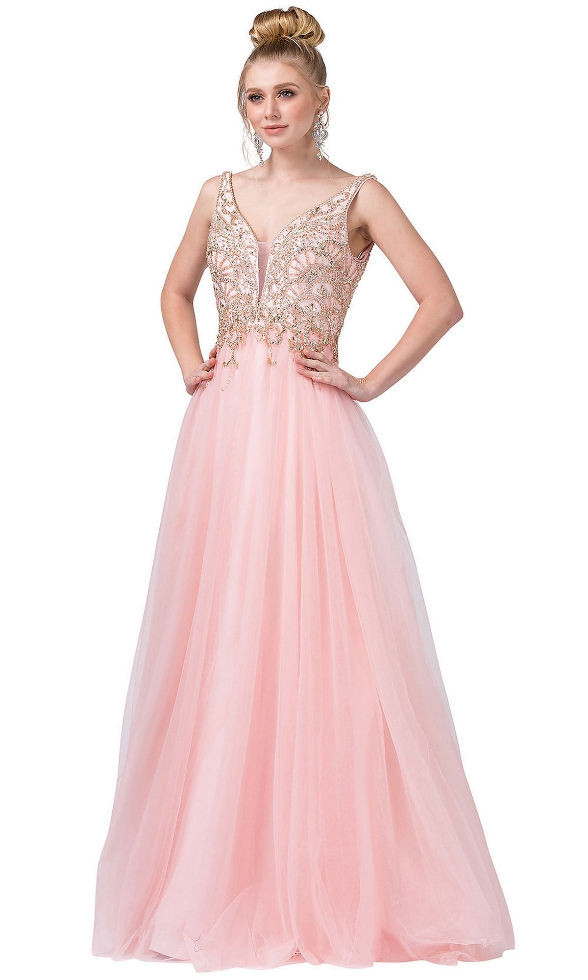 V-Back Long Prom Ball Gown with Beading