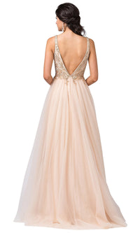 V-Back Long Prom Ball Gown with Beading